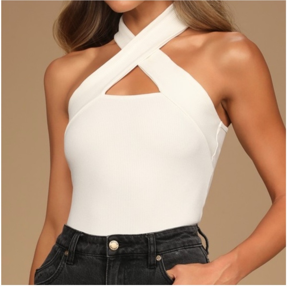 Lulus White Ribbed Cutout Cross-Front Top- Medium NWT